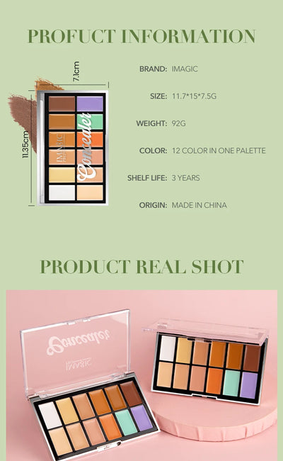 IMAGIC 12-Color Concealer Foundation Cream Covers Acne Marks Dark Circles Full Coverage Suit for All Skin Primer Makeup Cometics