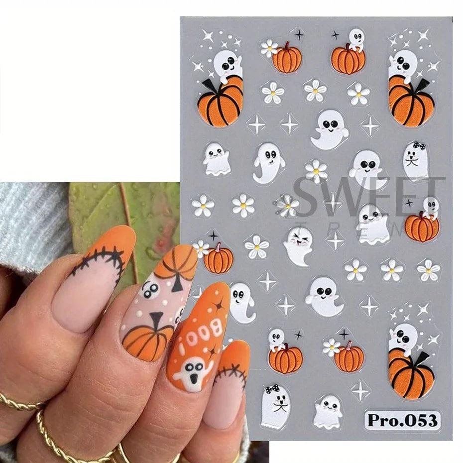 Cartoon Ghost Pumpkin Nail Art Stickers Cute Halloween Spooky Glamour Spider Web Skull Design Magic Festive Decor Manicure Foils
