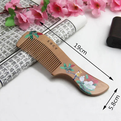 1Pcs Peach Wood Comb Flower Painted Anti-Static Natural Head Massage Comb Handmade Wooden Hair Comb Hair Styling Tools For Gift