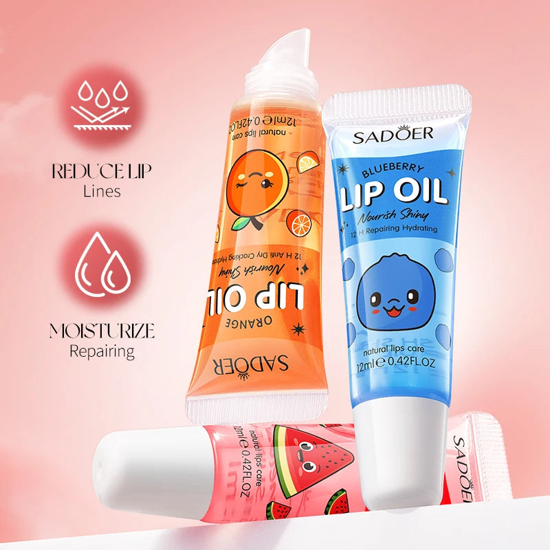 3pcs/set SADOER Crystal Jelly Lip Oil Hydrating Plumps Lip Gloss Cute Makeup Lipsticks Clear Serum Fruit Lip Balm Cosmetics Sets