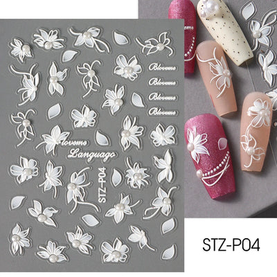 White 5D Pearl Lace Wave Lines Nail Art Stickers Elegant Exquisite Nail Decoration Decals Self Adhesive Transfer Slider Manicure