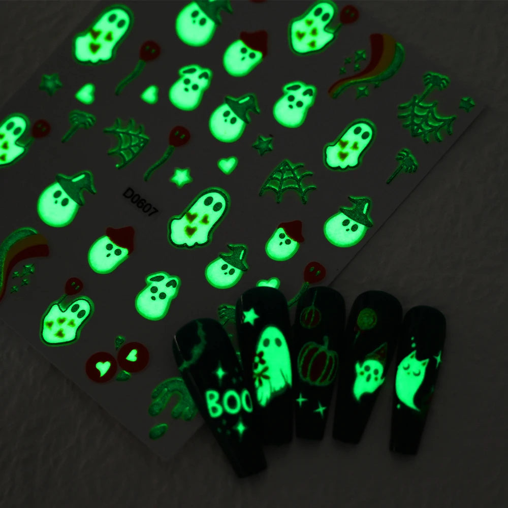 12Sheets Halloween Luminous Nail Art Stickers Cartoon Ghost /Pumpkin/Spider/Bat/Skull/Black-Cat Decals Manicure Adhesive Sliders