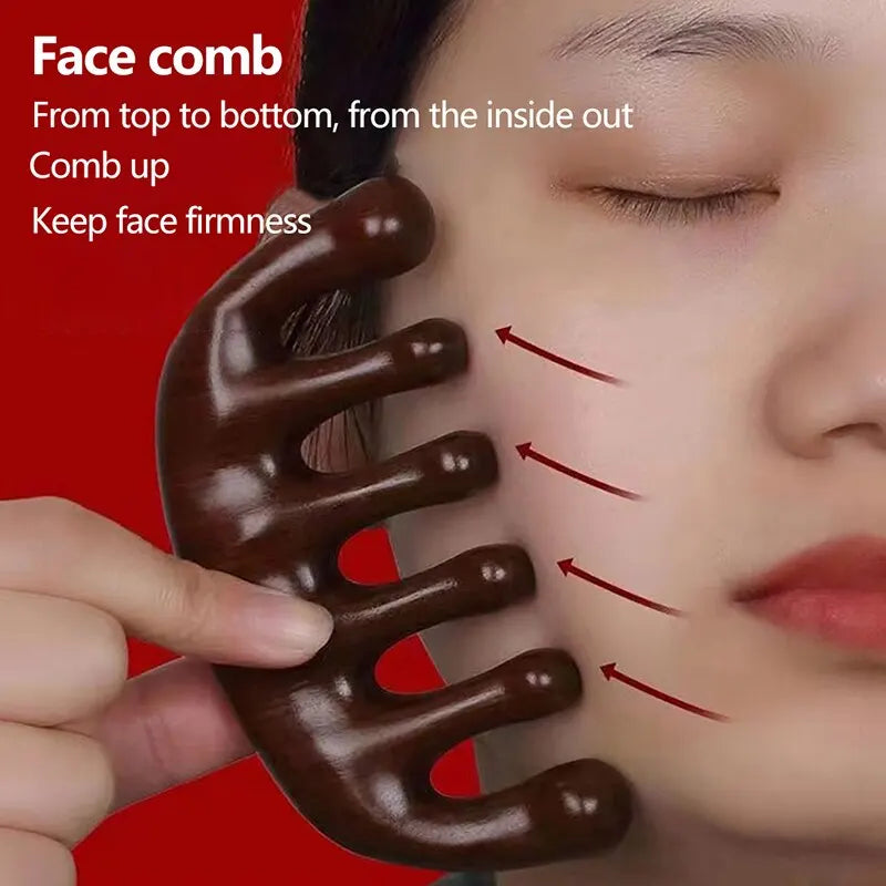 Sandalwood Head Meridian Massage Comb with Five Teeth Antistatic Massager Acupuncture Therapy Blood Circulation Wooden Combs