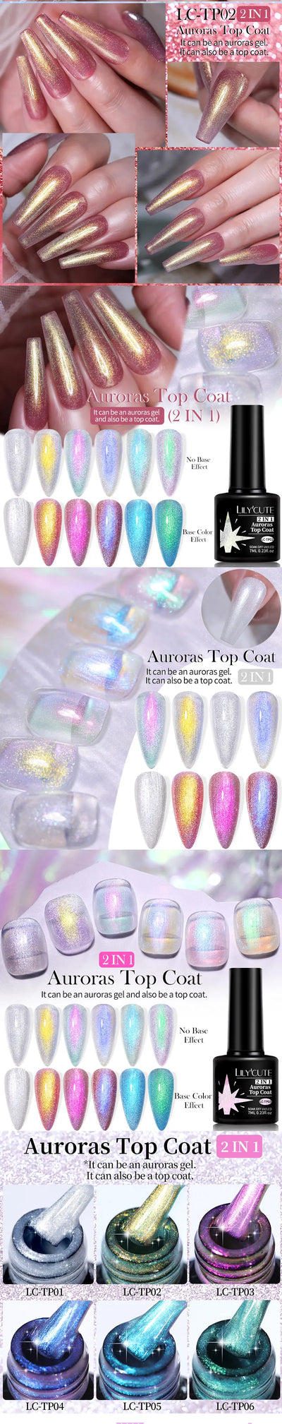 Lilycute Auroras Effect Gel Nail Polish Top Coat Summer Purple Spar Glitter Laser Semi Permanent Soak Off Nail Art Gel Varnish