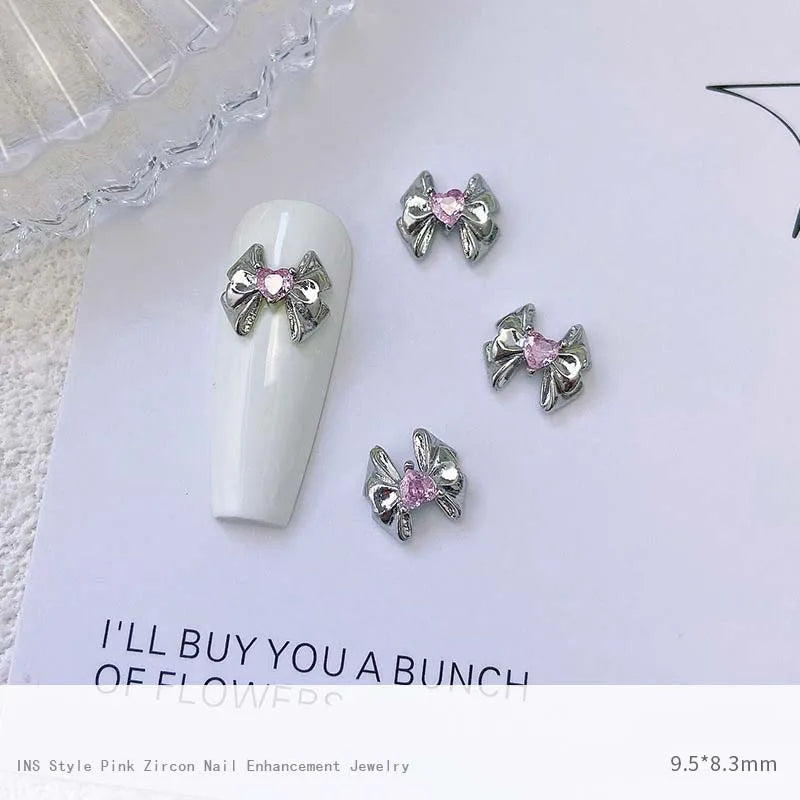 5pcs Pink Zircon Alloy Love Nail Art Charm 3D Bow Heart Moon Butterfly Planet Nail Decoration DIY Simple Design Nail Accessories
