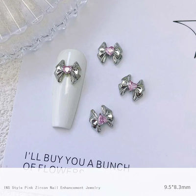 5pcs Pink Zircon Alloy Love Nail Art Charm 3D Bow Heart Moon Butterfly Planet Nail Decoration DIY Simple Design Nail Accessories