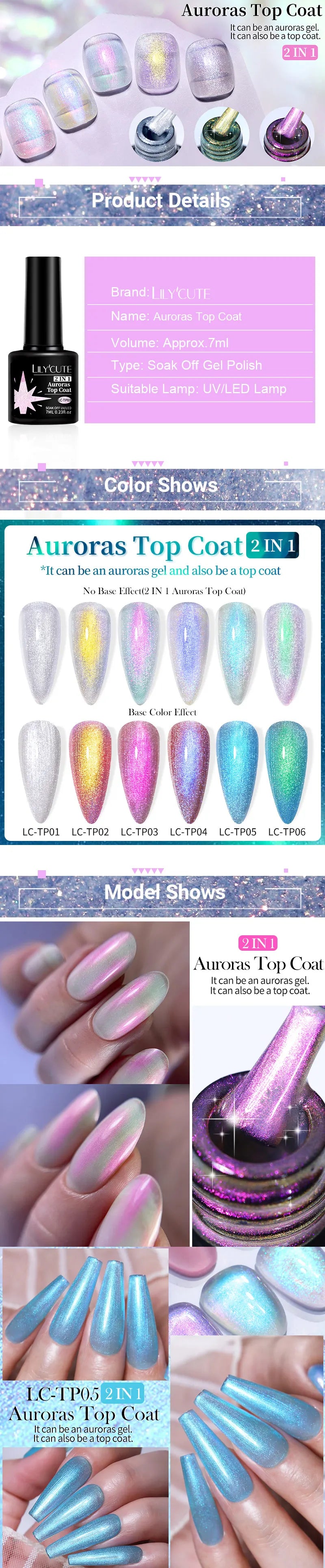 Lilycute Auroras Effect Gel Nail Polish Top Coat Summer Purple Spar Glitter Laser Semi Permanent Soak Off Nail Art Gel Varnish