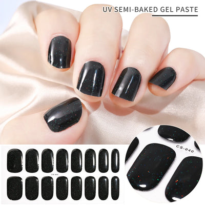 Semi-Cured Gel Nail Sticker 16Tips Glitter Pink UV Gel Nail Glitter Stickers Full Cover Long-Lasting UV Lamp Cured Manicure Tips