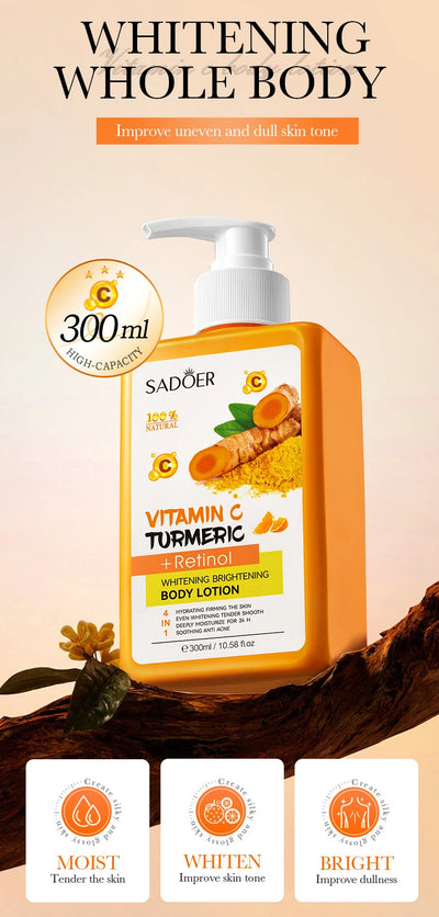 Turmeric Vitamin C Body Lotion Super Moisturizing Tender Firming Skin Brightening Face Cream Dark Spots Lighten  Skin Care 300ml