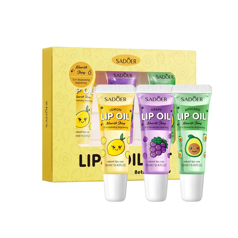 3pcs/set SADOER Crystal Jelly Lip Oil Hydrating Plumps Lip Gloss Cute Makeup Lipsticks Clear Serum Fruit Lip Balm Cosmetics Sets