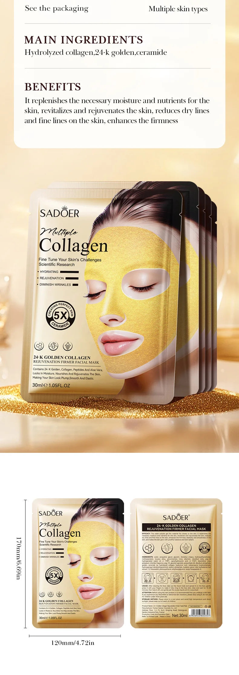 SADOER 24k Golden Collagen Facial Masks Anti Wrinkle Firming Moisturizing Anti-Aging Face Mask Beauty Facial Skin Care Products