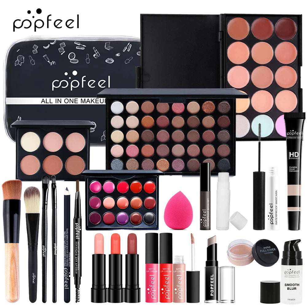 POPFEEL Beginner Makeup Set for Women，Complete Makeup Essentials Gift Kit with Eyeshadow Palette, Foundation, Concealer, Lipstic
