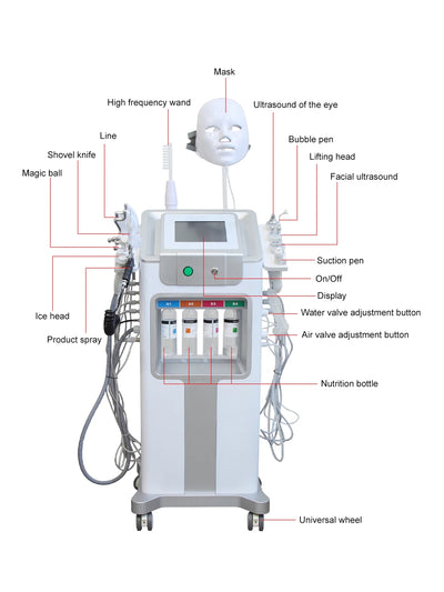 AOKO New 12 IN1 Hydro Dermabrasion Aqua Peeling Ultrasound Facial Care Oxygen Injection Skin Rejuvenation Whiting Beauty Machine
