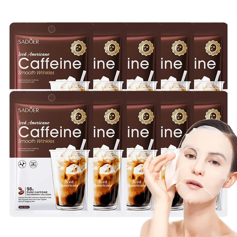 5/10pcs SADOER Caffeine Face Mask Moisturizing Anti-aging Hydrating Anti Wrinkles Facial Masks Face Sheet Mask Skin Care