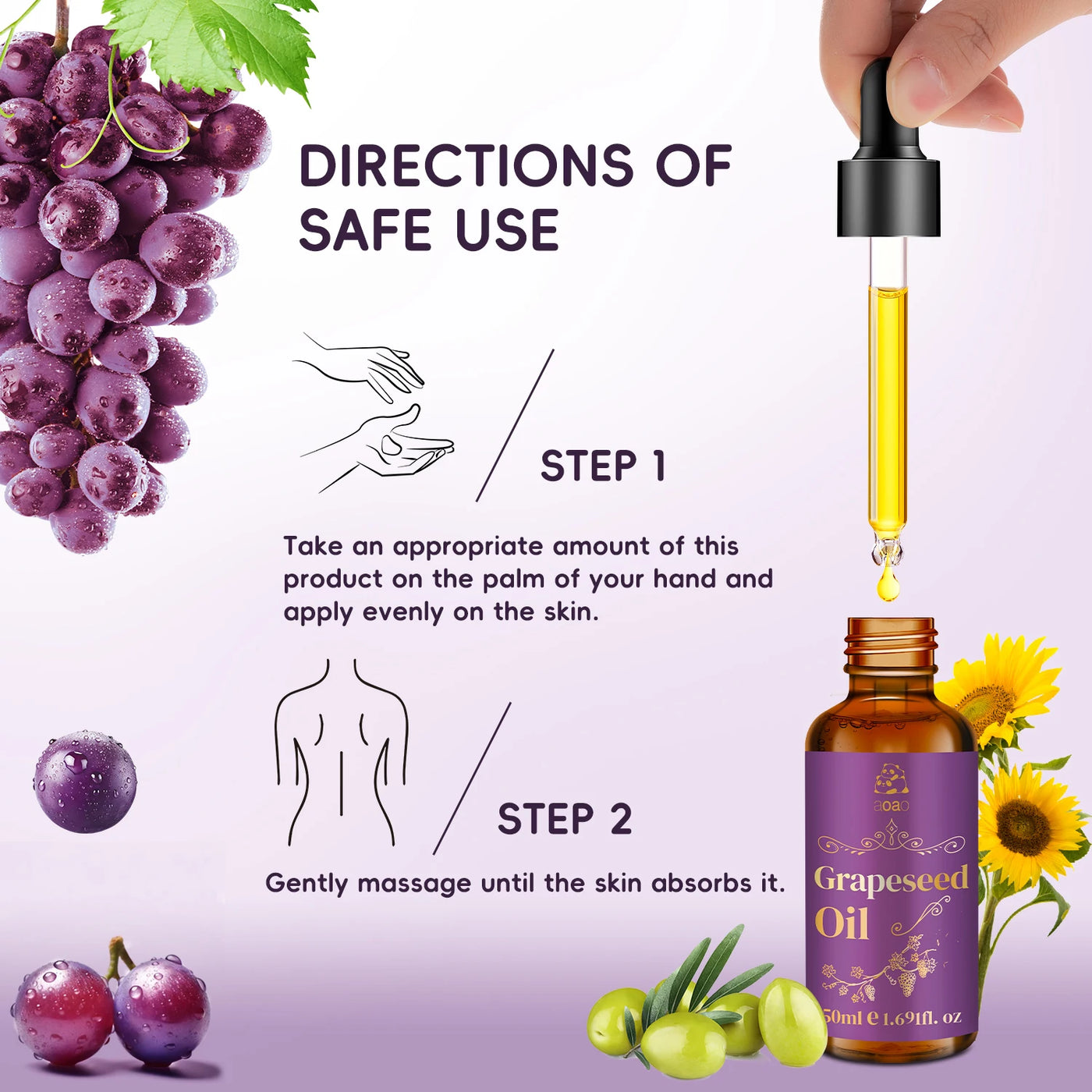 Grape Seed Oil Suitable for Face, Body, and Hair, Perfect for Massage, Scalp and Nail Natural Moisturizing Cream Bath Oil.