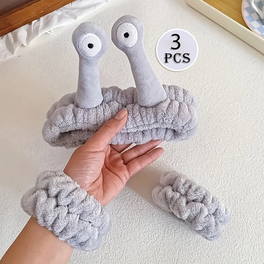 3-piece set Coral velvet snail decorative headband and, absorbent wrist towel suitable for bathing, with elastic anti slip