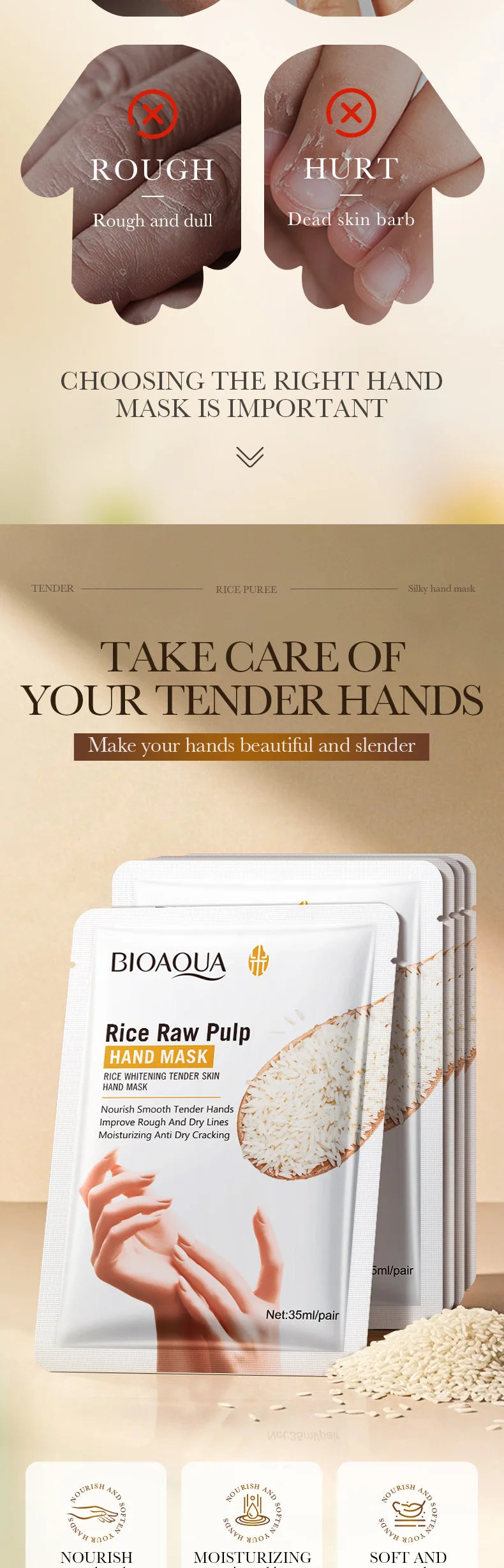 BIOAQUA Whte Rice Hand Mask Moisturizing Whitening Nourishing Anti-aging Hydrating Hand Gloves for Hands Skin Care Products