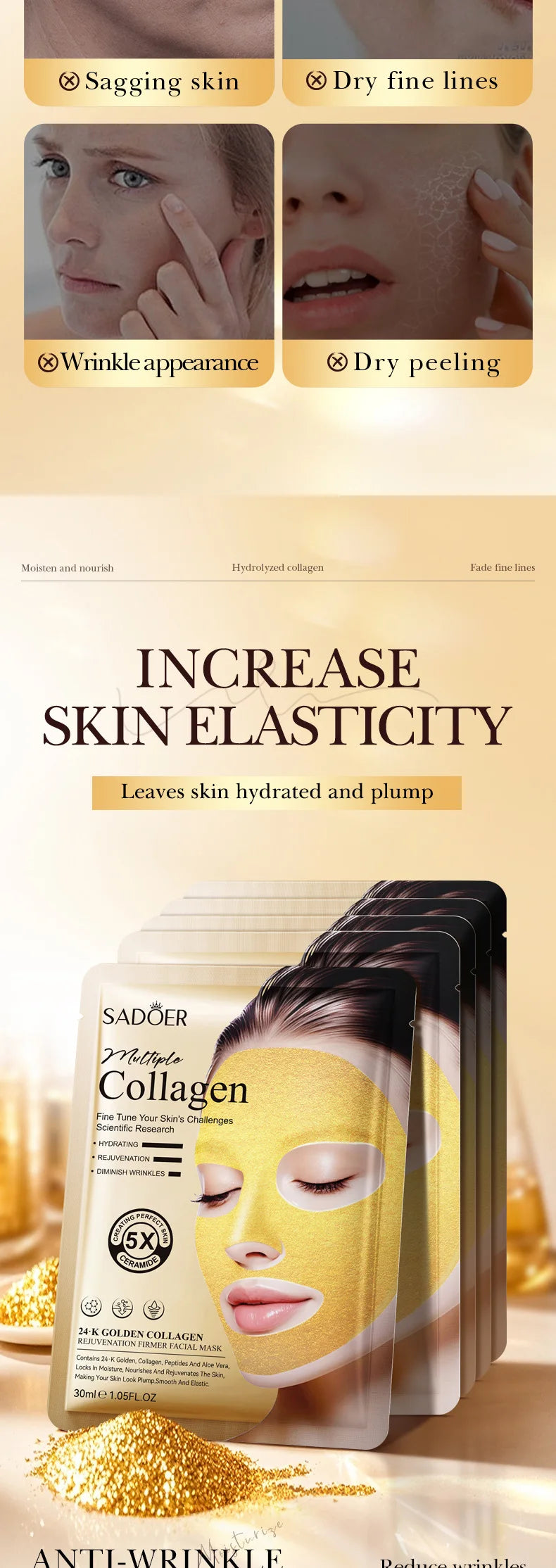 SADOER 24k Golden Collagen Facial Masks Anti Wrinkle Firming Moisturizing Anti-Aging Face Mask Beauty Facial Skin Care Products