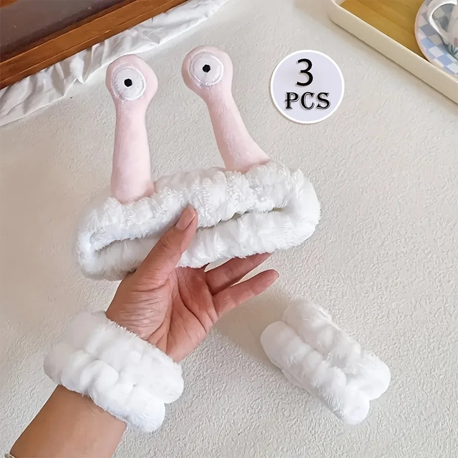3-piece set Coral velvet snail decorative headband and, absorbent wrist towel suitable for bathing, with elastic anti slip