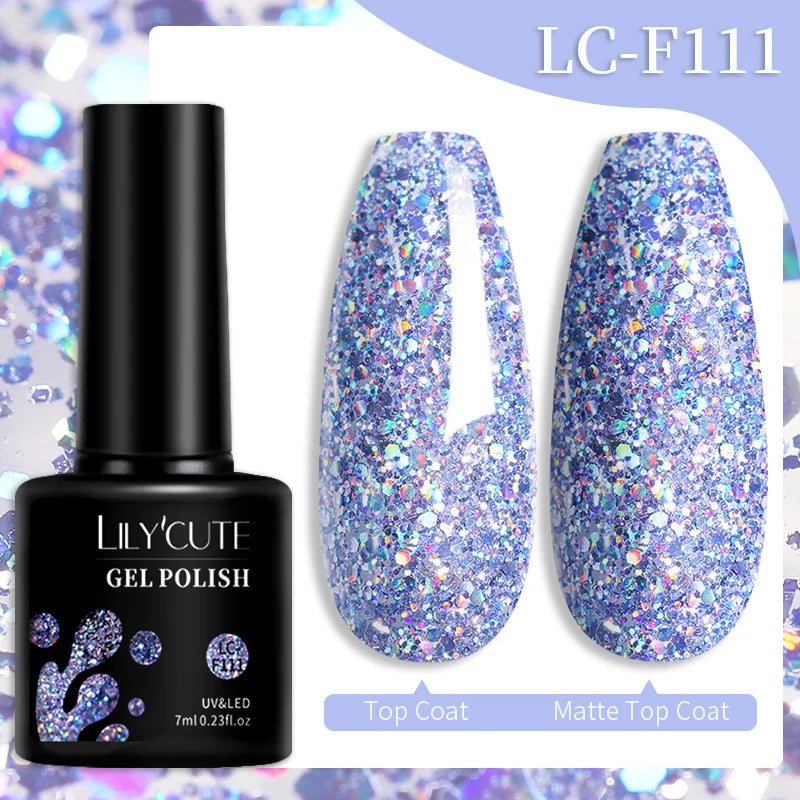 Lilycute Auroras Effect Gel Nail Polish Top Coat Summer Purple Spar Glitter Laser Semi Permanent Soak Off Nail Art Gel Varnish