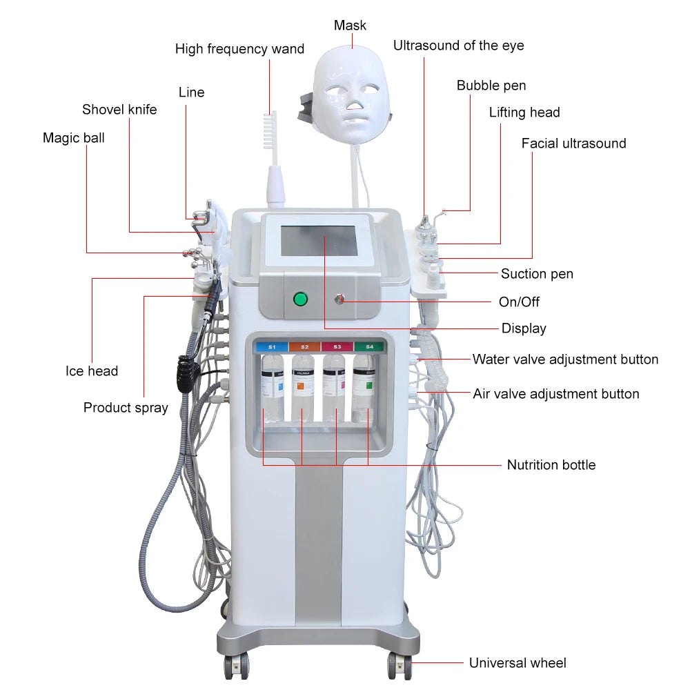 AOKO New 12 IN1 Hydro Dermabrasion Aqua Peeling Ultrasound Facial Care Oxygen Injection Skin Rejuvenation Whiting Beauty Machine