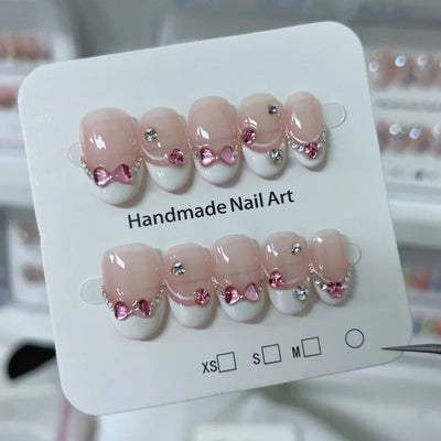 10Pcs Handmade Press On Nails Short Oval Glitter French Fake Nails Full Cover Pink 3D Bow Diamond  Design Wearable Nail Tips Art