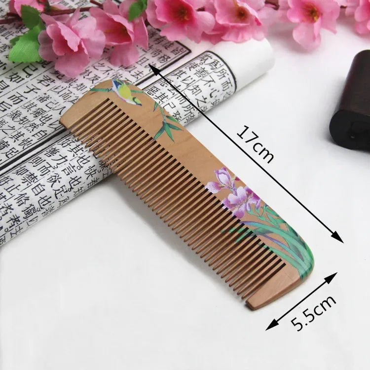 1Pcs Peach Wood Comb Flower Painted Anti-Static Natural Head Massage Comb Handmade Wooden Hair Comb Hair Styling Tools For Gift