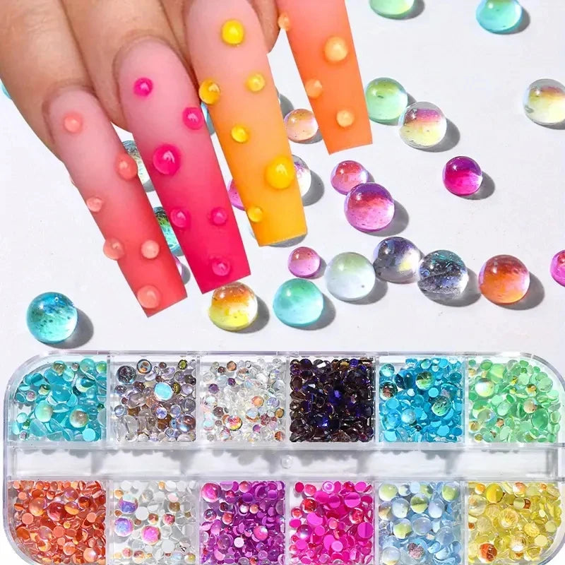 1Box Rainbow Mermaid Tears Nail Art Charms Macaron Bubble Beads Nail Art for Summer Aurora Half Spherical Glass Nail Decorations