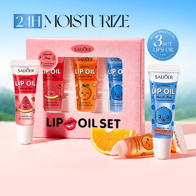 3pcs/set SADOER Crystal Jelly Lip Oil Hydrating Plumps Lip Gloss Cute Makeup Lipsticks Clear Serum Fruit Lip Balm Cosmetics Sets