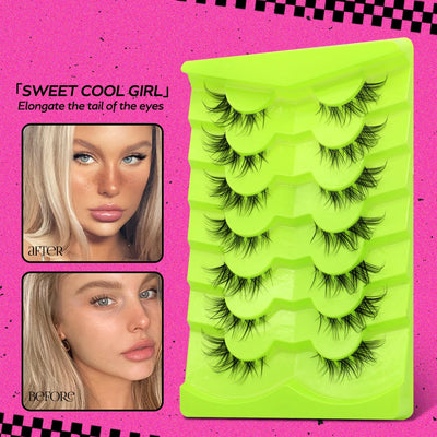 GROINNEYA Cat Eye Lashes Natural long Manga Lashes Faux Mink Eyelashes Winged End Eye Elongated Eyelashes Fake Lashes Soft