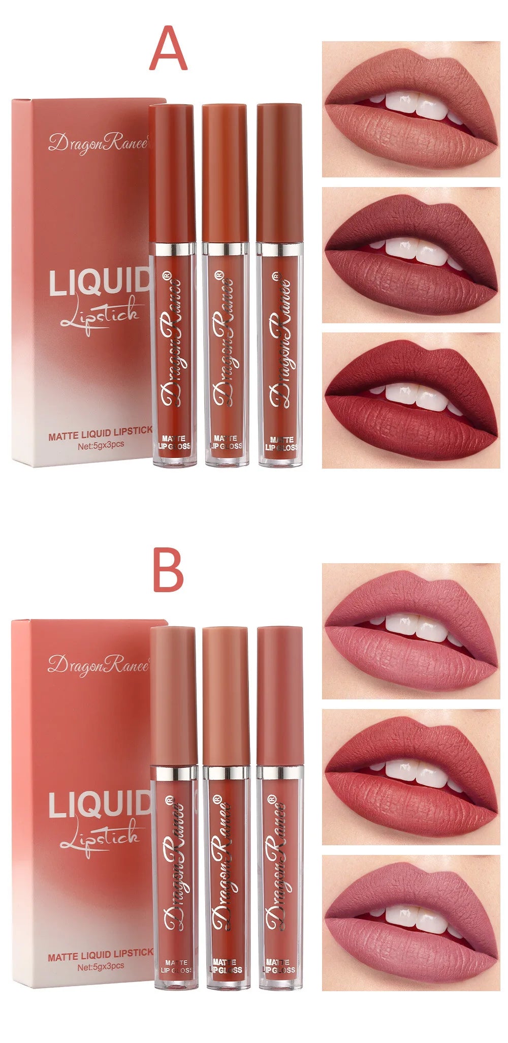 Dragon Ranee 3pcs/set Lip Glaze Velvet Matte Non-Stick Liquid Lipstick Lasting lipgloss