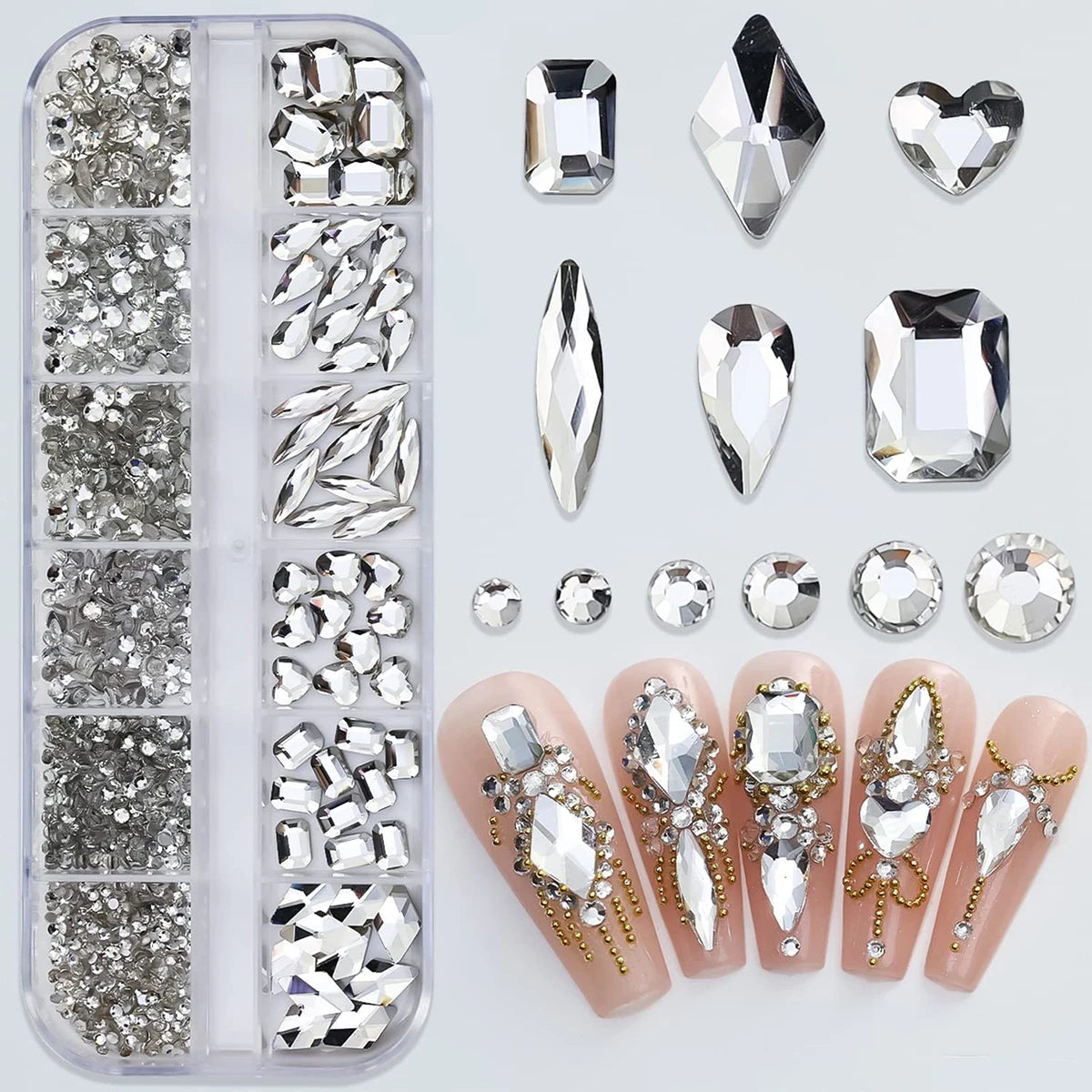 12 palace grid / 1 box of transparent plating bottom nail water diamond heart, water drop, and other size mixed nail flat bottom