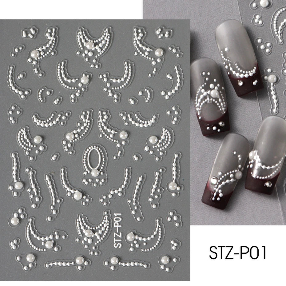 White 5D Pearl Lace Wave Lines Nail Art Stickers Elegant Exquisite Nail Decoration Decals Self Adhesive Transfer Slider Manicure