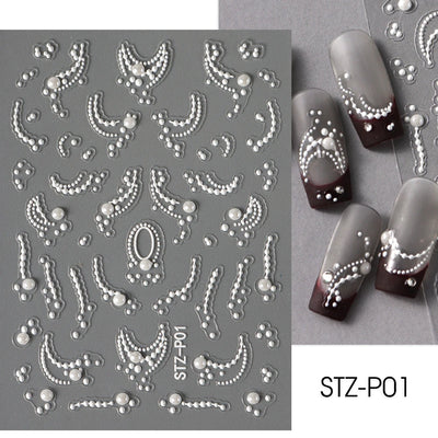 White 5D Pearl Lace Wave Lines Nail Art Stickers Elegant Exquisite Nail Decoration Decals Self Adhesive Transfer Slider Manicure
