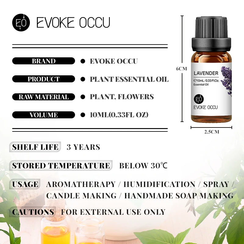 EVOKE OCCU 10mL Essential Oil, Lavender Jasmine Rose Vanilla Pure Natural Oil for Diffuser Humidifier Massage Candle Soap Making