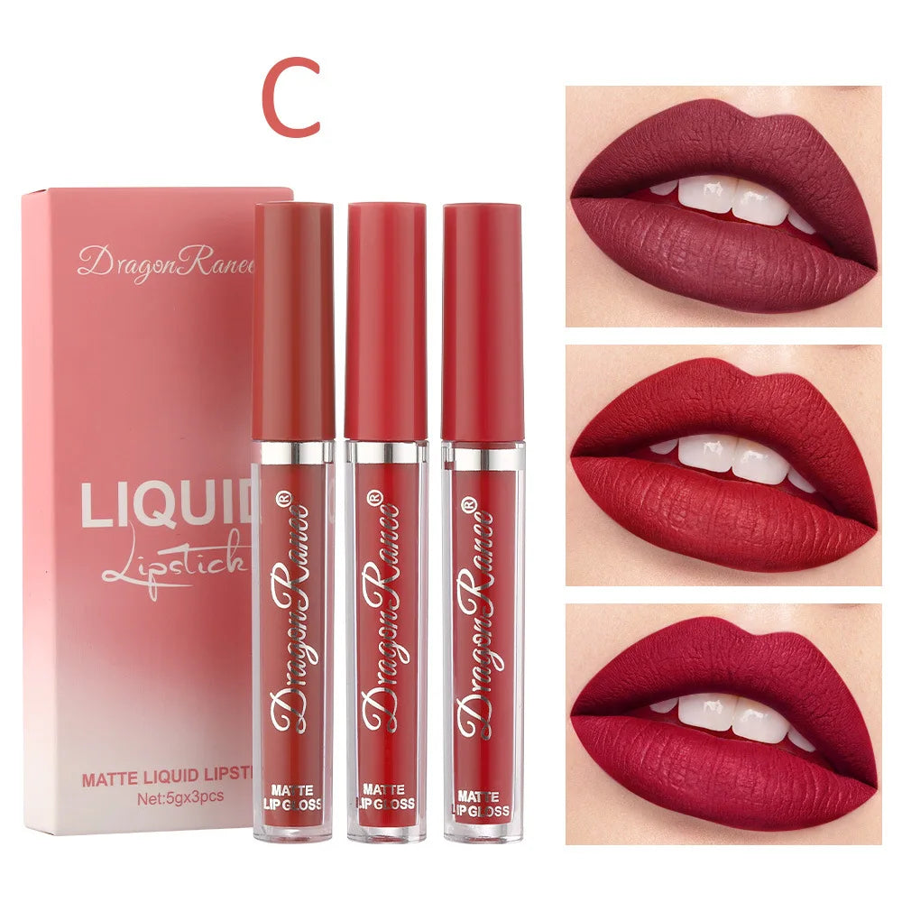 Dragon Ranee 3pcs/set Lip Glaze Velvet Matte Non-Stick Liquid Lipstick Lasting lipgloss