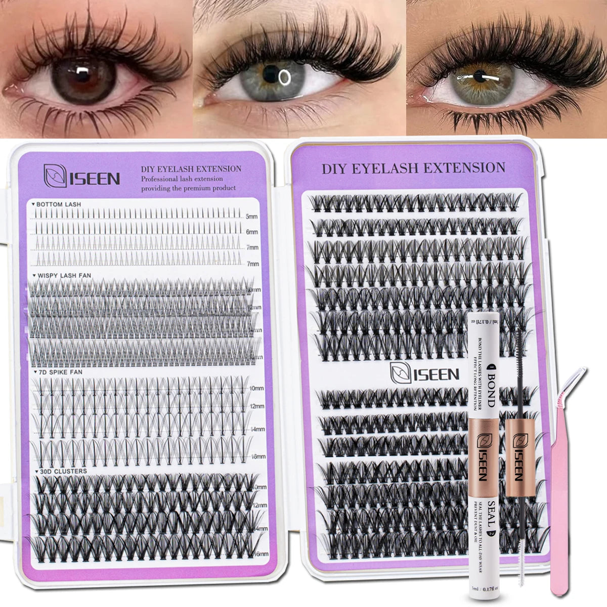 Eyelash Extension Kit DIY Eyelash Clusters Large Capacity Mix Styles Individual Lashes Kit with Lash Tweezers for Self Use