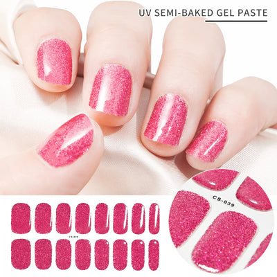 Semi-Cured Gel Nail Sticker 16Tips Glitter Pink UV Gel Nail Glitter Stickers Full Cover Long-Lasting UV Lamp Cured Manicure Tips