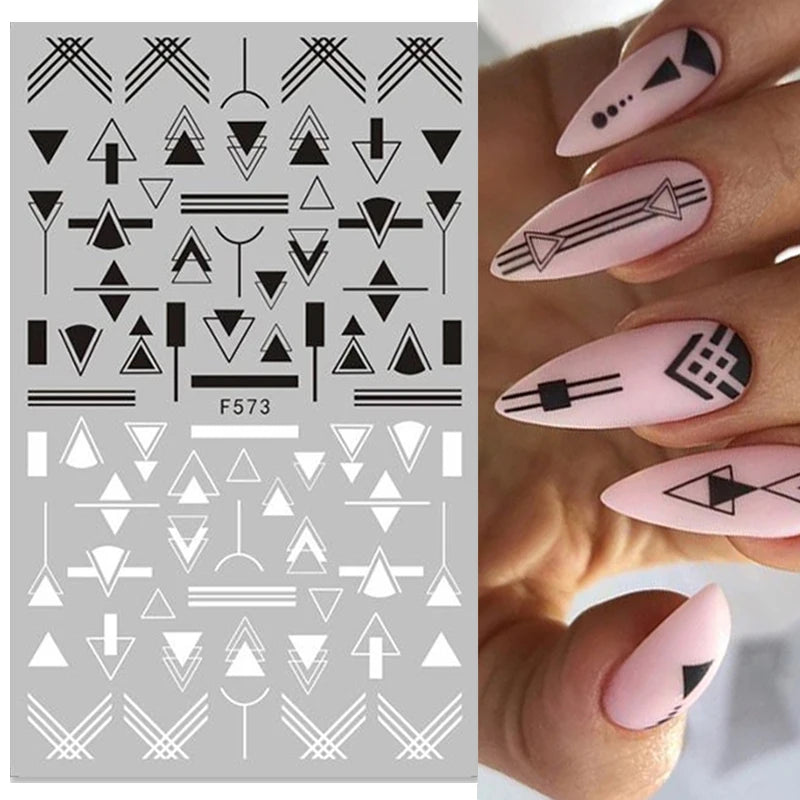 Black White Line Flower 3D Nail Sticker Nail Art Supplies Bronzing Geometric Pattern Sticker Nail Decals Nail Parts Manicure