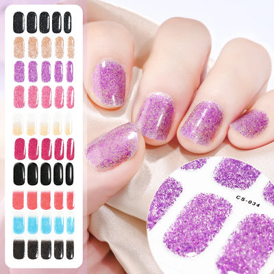 Semi-Cured Gel Nail Sticker 16Tips Glitter Pink UV Gel Nail Glitter Stickers Full Cover Long-Lasting UV Lamp Cured Manicure Tips