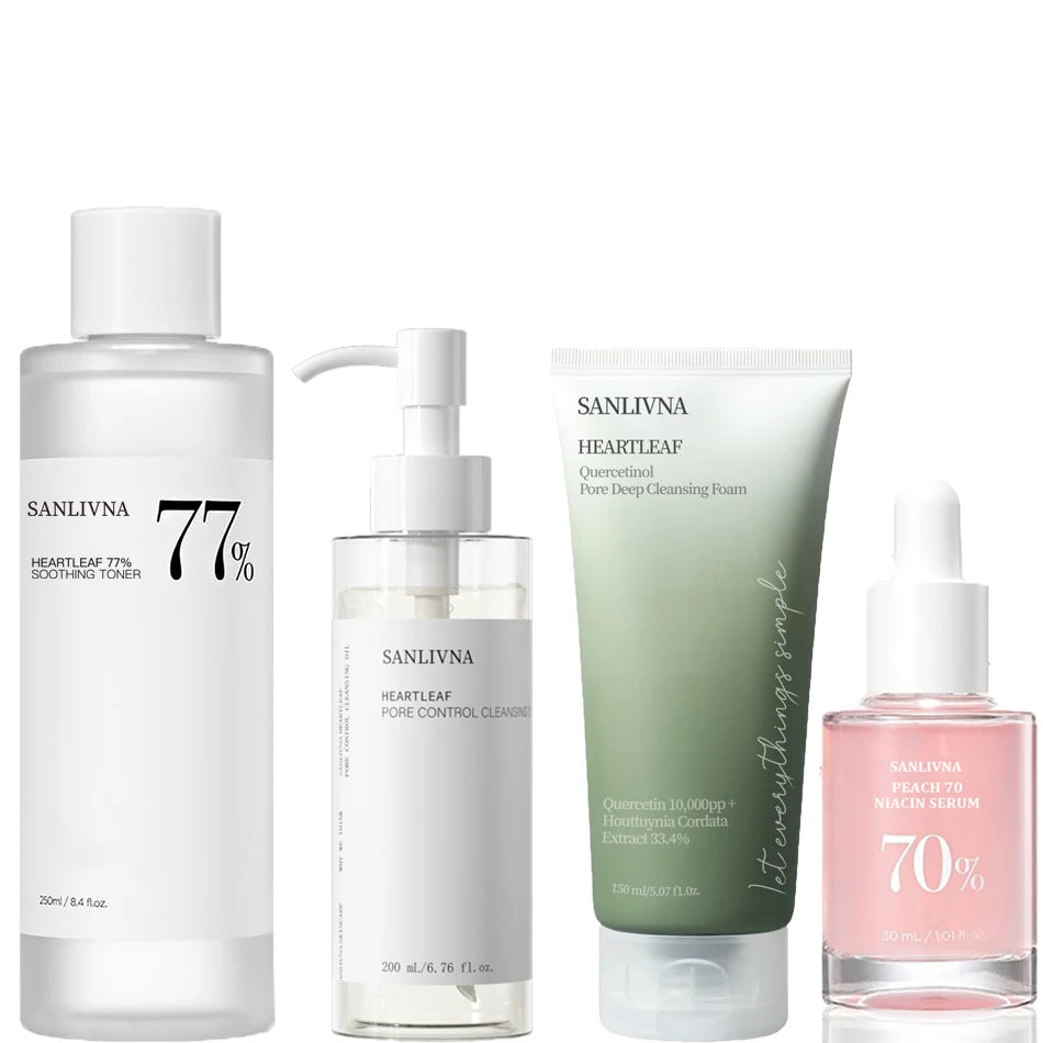 Heartleaf 77% Skincare 4-Piece Set - Deep Cleansing Cleanser, Toner, Peach 70 Face Serum, Pore Cleansing Oil, Daily Skincare Set