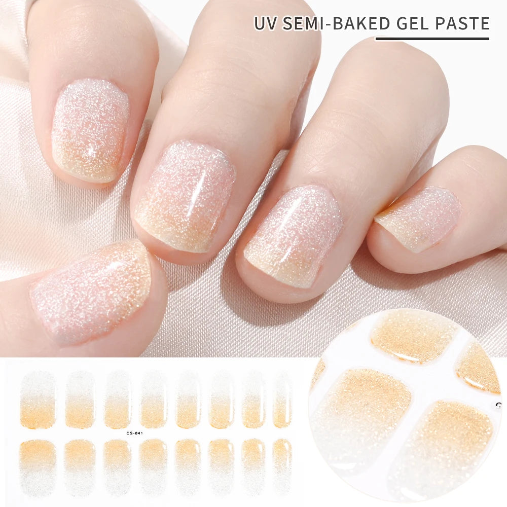 Semi-Cured Gel Nail Sticker 16Tips Glitter Pink UV Gel Nail Glitter Stickers Full Cover Long-Lasting UV Lamp Cured Manicure Tips