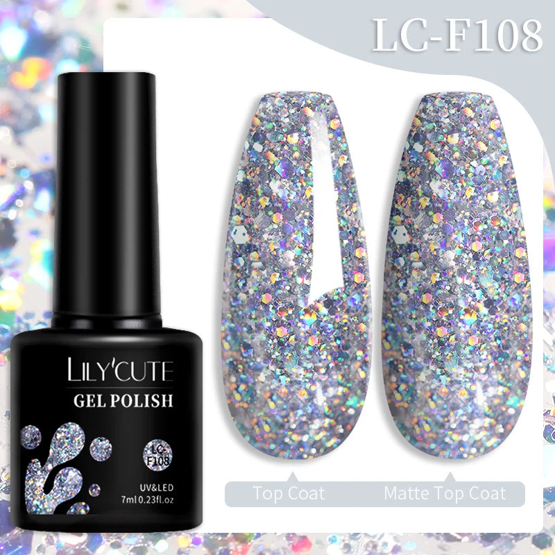 Lilycute Auroras Effect Gel Nail Polish Top Coat Summer Purple Spar Glitter Laser Semi Permanent Soak Off Nail Art Gel Varnish