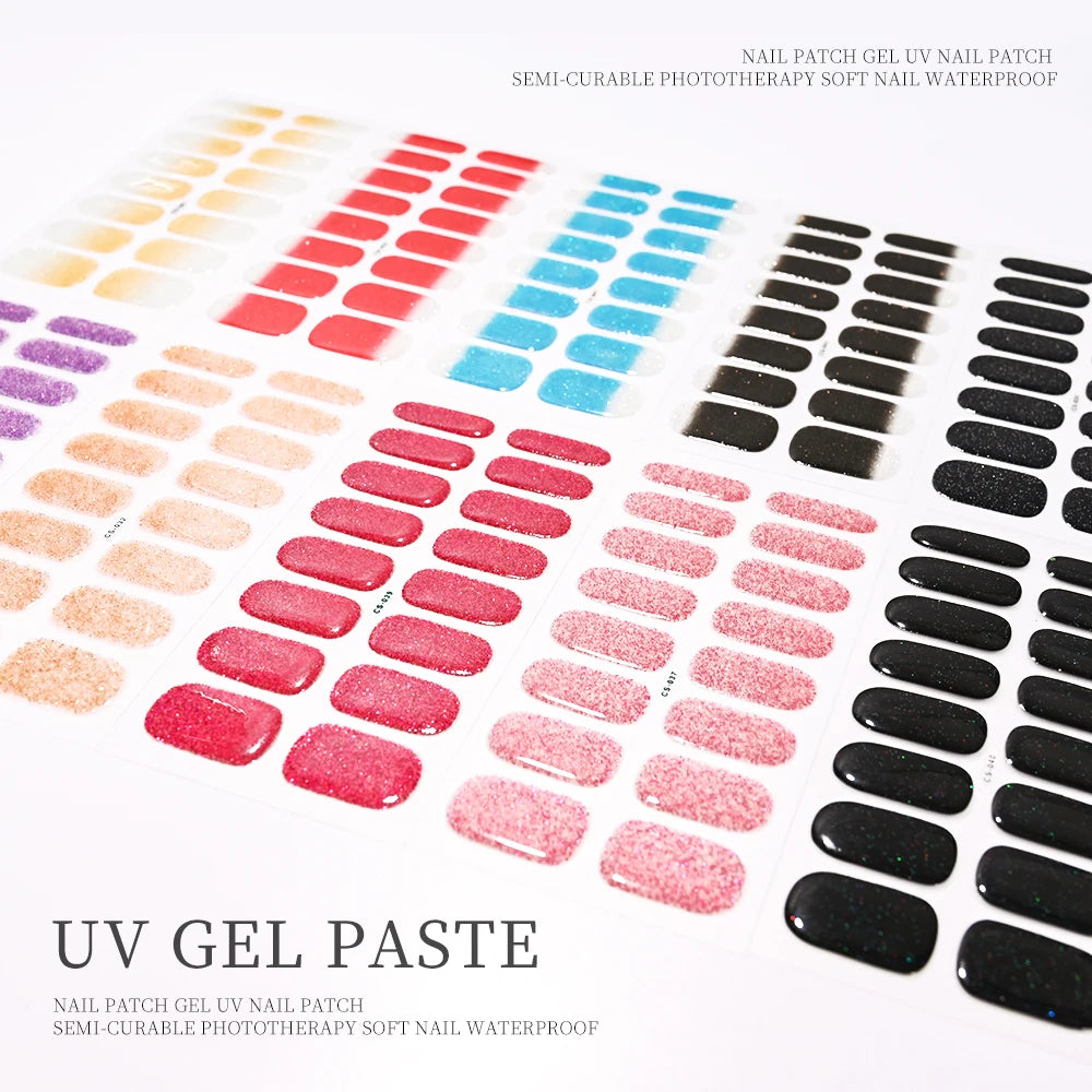 Semi-Cured Gel Nail Sticker 16Tips Glitter Pink UV Gel Nail Glitter Stickers Full Cover Long-Lasting UV Lamp Cured Manicure Tips