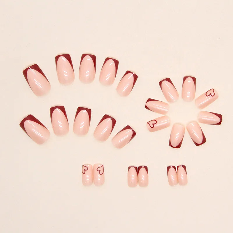24 PCs Short Square French Heart Simple Nails with 1 Jelly Glue and 1 Nail File