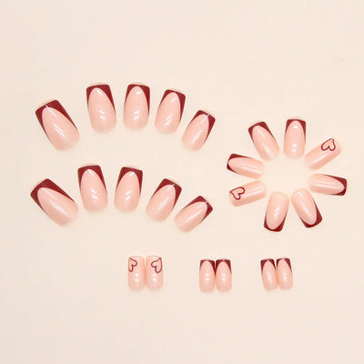 24 PCs Short Square French Heart Simple Nails with 1 Jelly Glue and 1 Nail File