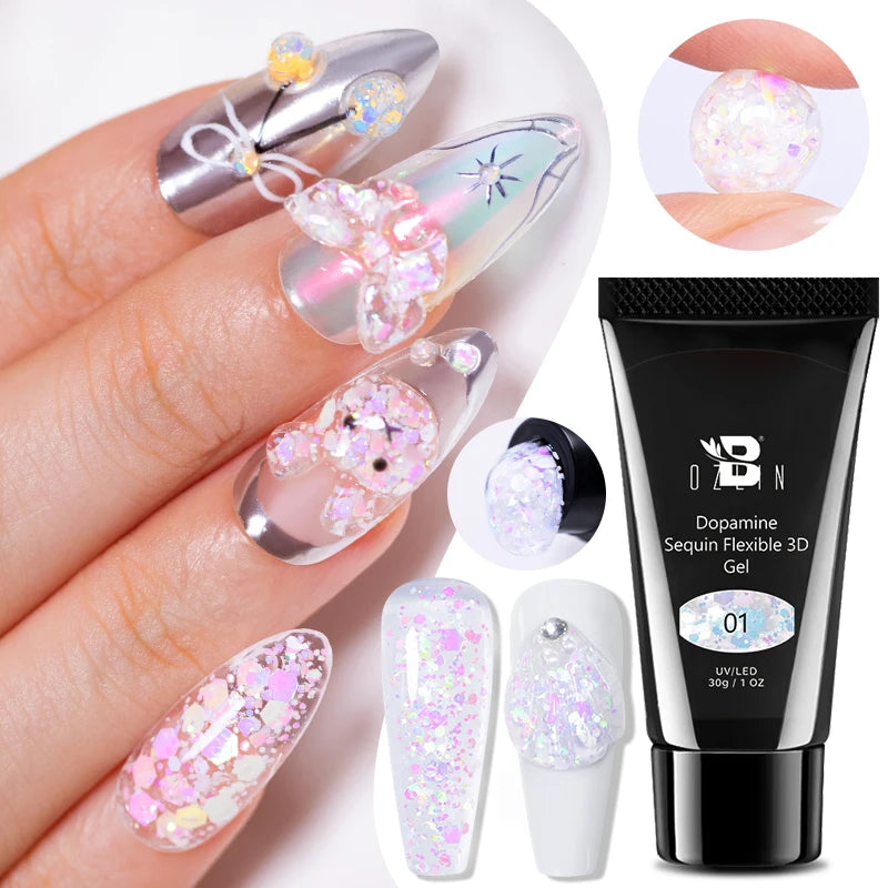 30g Dopamine Sequin Flexible 3D Gel Non Stick Hand Solid Extension Nail Gel Nude Pink White Extension Gel Rhinestone Glue Gel