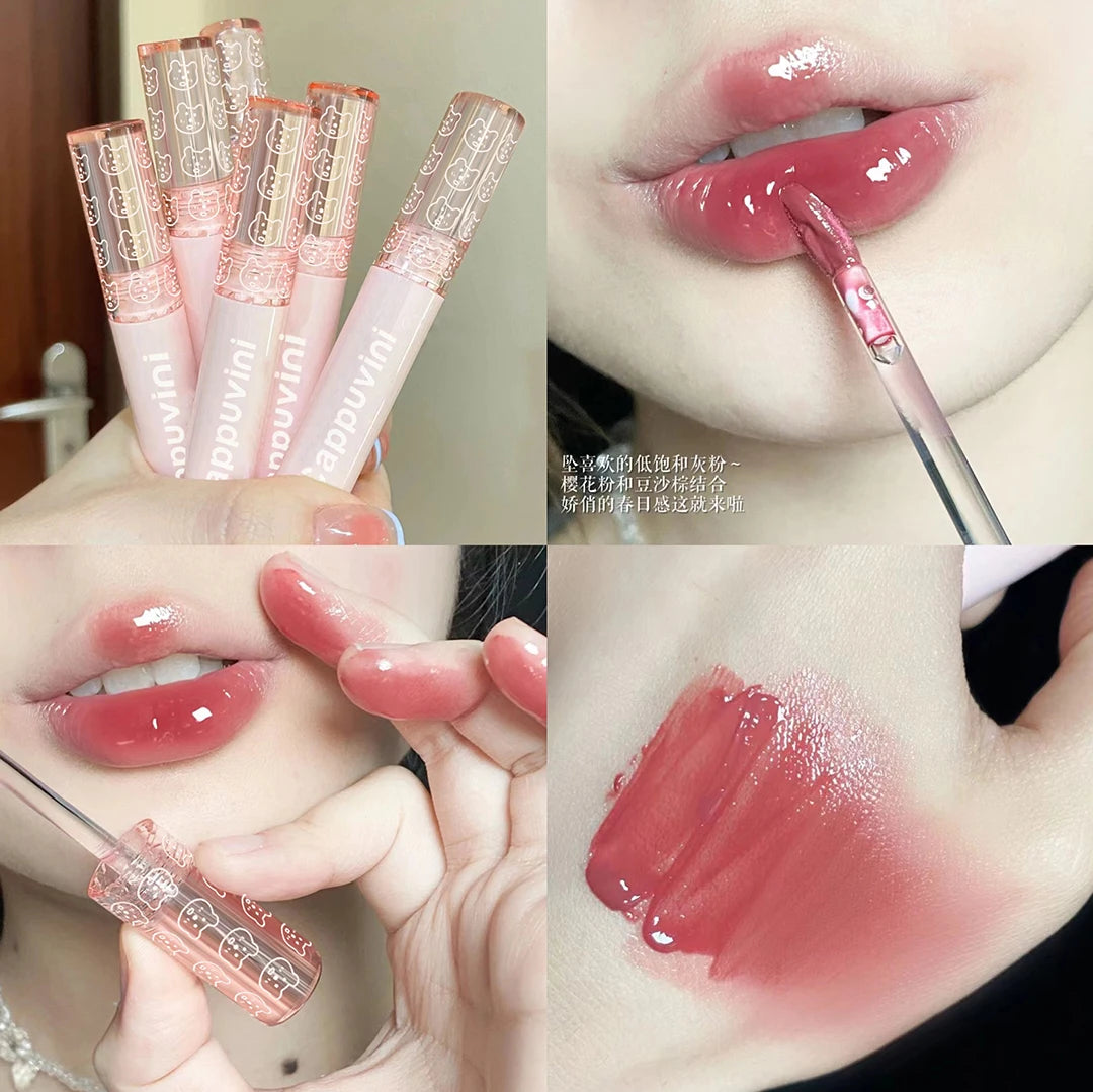 Cherry Pink Mirror Water Lip Gloss Waterproof Nude Brown Clear Tint Glass Lip Oil Liquid Lipstick for Makeup