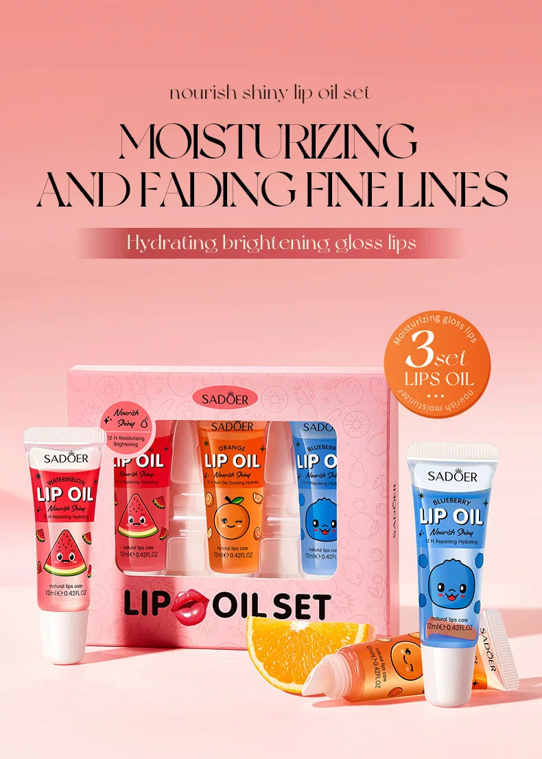 3pcs/set SADOER Crystal Jelly Lip Oil Hydrating Plumps Lip Gloss Cute Makeup Lipsticks Clear Serum Fruit Lip Balm Cosmetics Sets