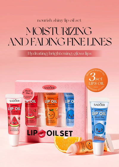 3pcs/set SADOER Crystal Jelly Lip Oil Hydrating Plumps Lip Gloss Cute Makeup Lipsticks Clear Serum Fruit Lip Balm Cosmetics Sets